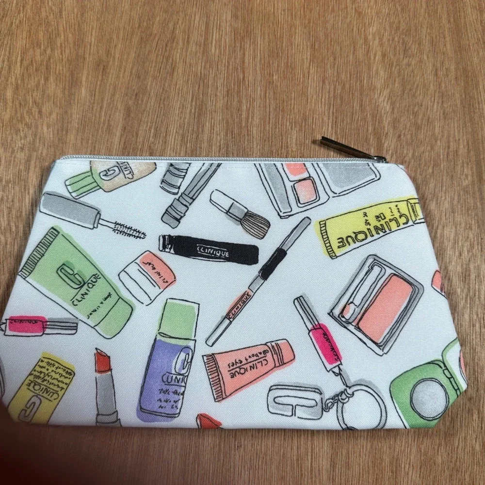 Clinique Cosmetic Bag Womens White Multi Color Makeup Pouch Travel Case GWP